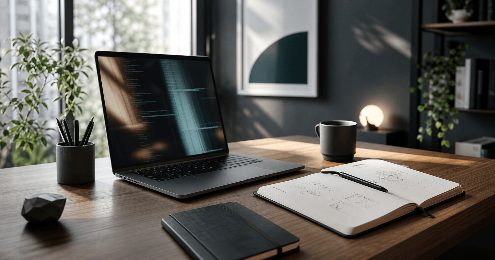 A quiet modern workspace with a laptop, sketches, and soft daylight
